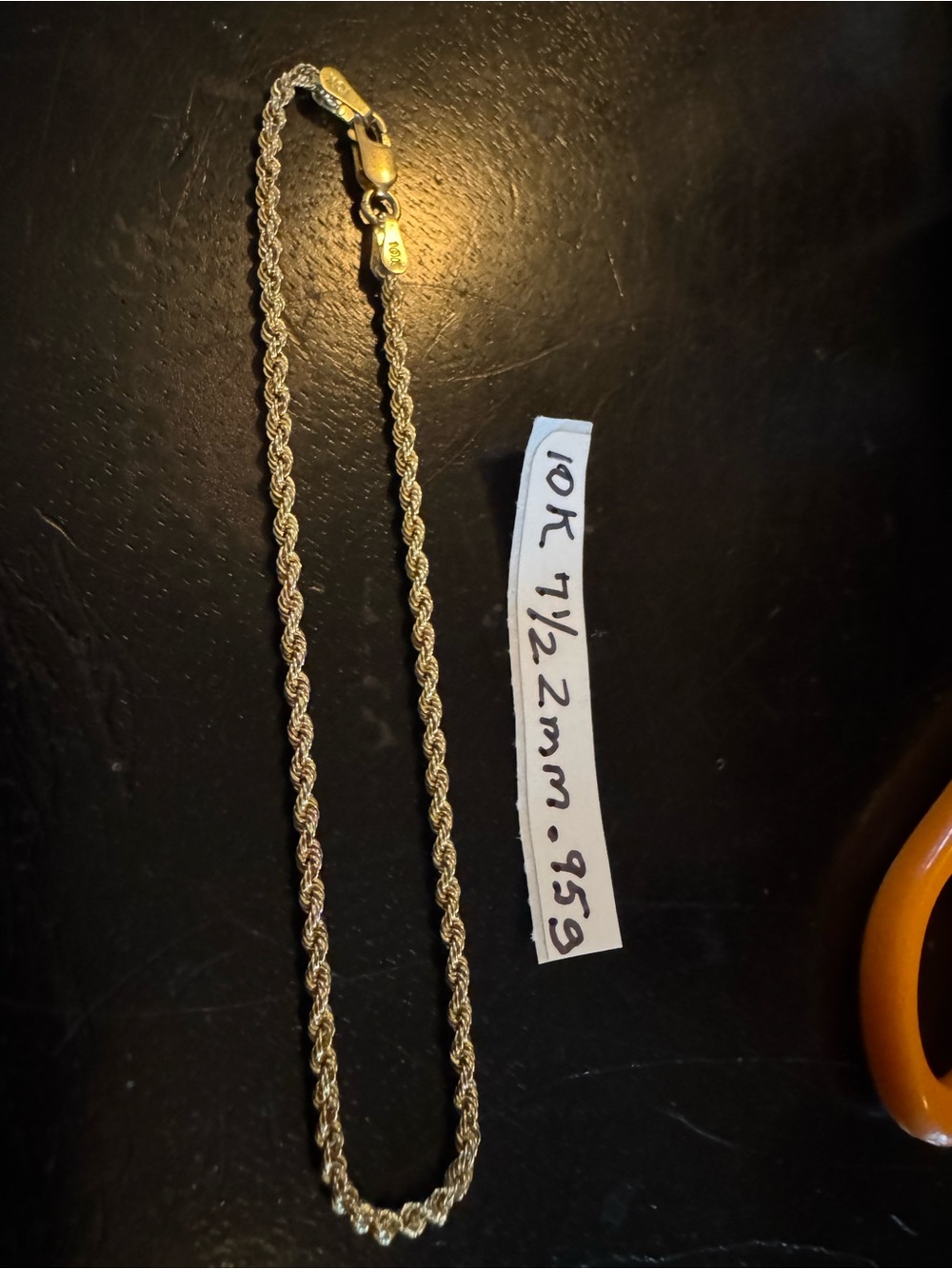 10K Gold Rope Chain bracelet 7 1/2 inch - Yellow Gold